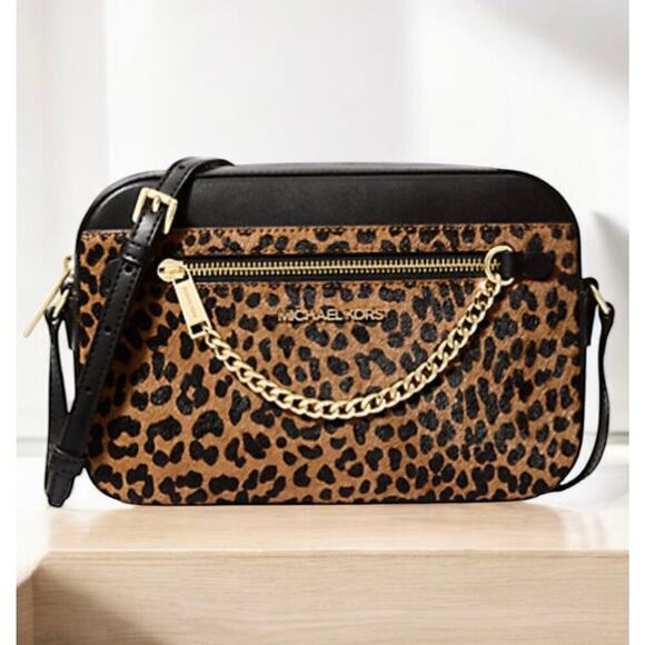 NWT Michael Kors Leopard Print Calf Hair Large Jet Set Crossbody Bag - Picture 1 of 6